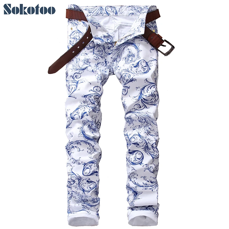 

Sokotoo Men's fashion blue and white porcelain pattern print jeans Slim stretch denim pencil pants Long trousers