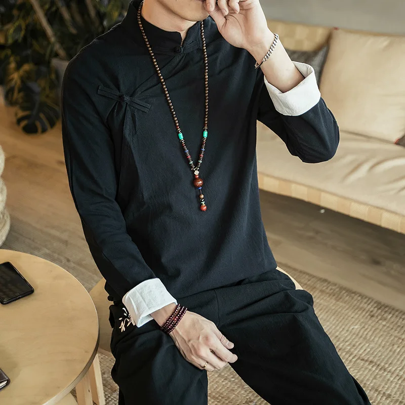 

Man Long Sleeve Solid Color Men high-grade brand Shirts Stand Collar Chinese style 80s Cotton Linen Clothes Male Casual Shirts