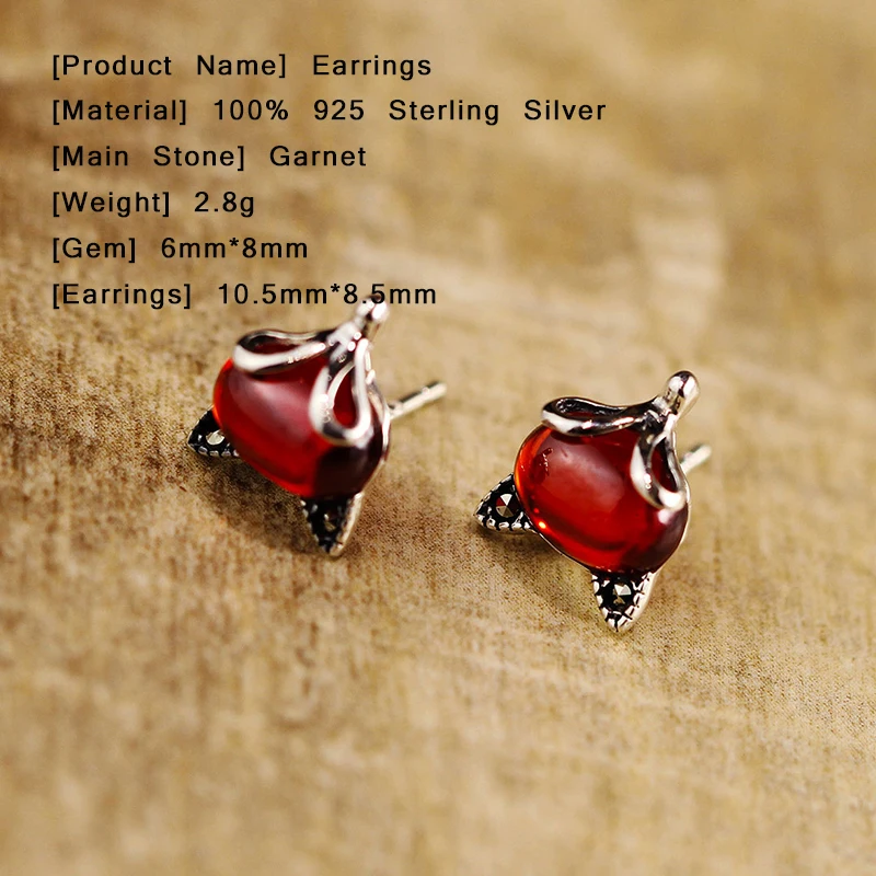 Женские серьги гвоздики в богемном стиле с красным гранатом|stud earrings|earrings