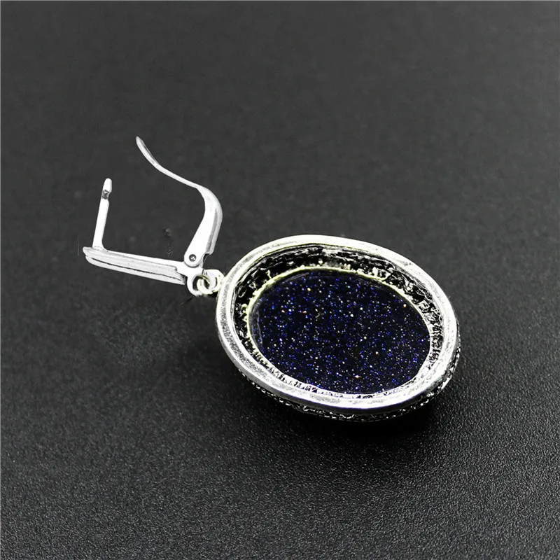 Big Dark Blue Sandy Stone Earrings For Women Antique Silver Plated Party Hollow Flower Pendant Fashion Jewelry TE369|Серьги-подвески| |
