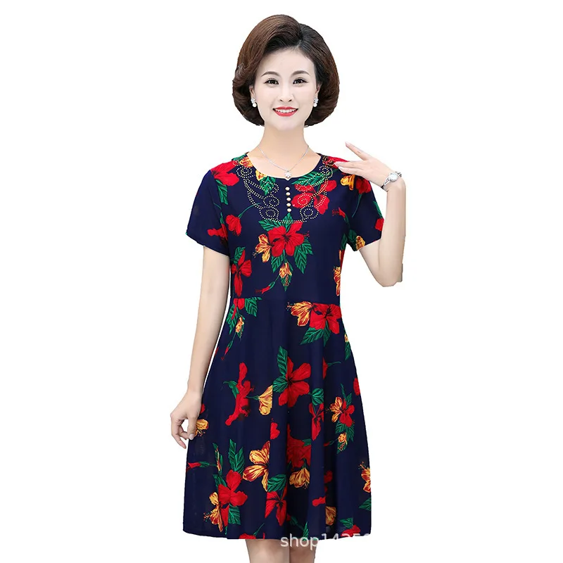 Summer Middle-aged Mother dress Loose Comfortable Flower Print Round Neck Short Sleeve Plus Size 4xl 5XL Women printed Dress Женская