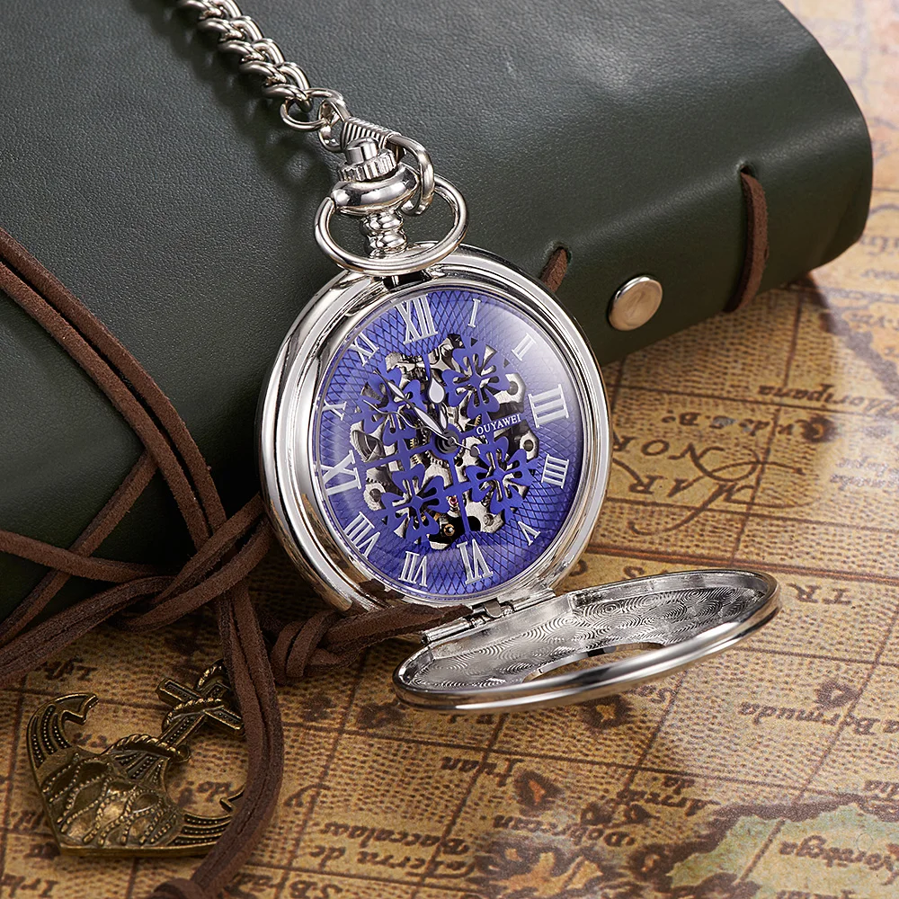OUYAWEI прозрачная накидка с цветком Механические карманные часы серебряные