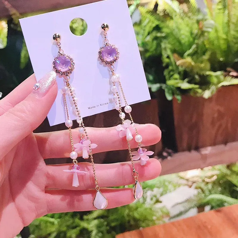 MENGJIQIAO 2019 New Korean Crystal Flower Tassel Long Drop Earrings For Women Girls Cute Pearl Geometric Dangle Pendientes Gifts | Украшения