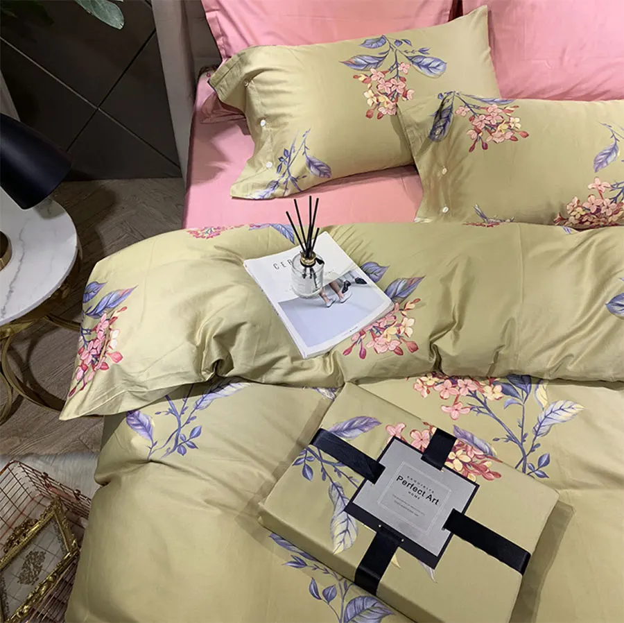 

Modern design pink yellow floral bedding set adult girl,full queen king cotton home textile bed sheet pillow case quilt cover