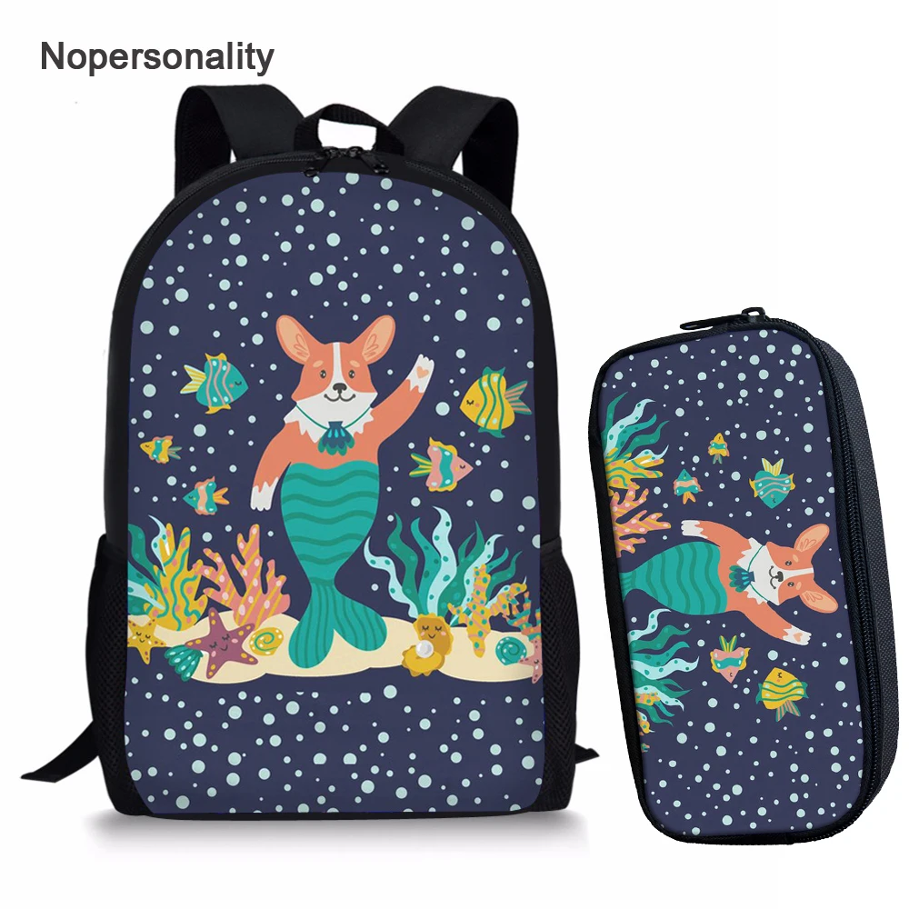 

Nopersonality 2PCS/set Mermaid Corgi Dog Print School Bag Cute Junior Primary Girls Schoolbags Kawaii Children Kids Bookbags