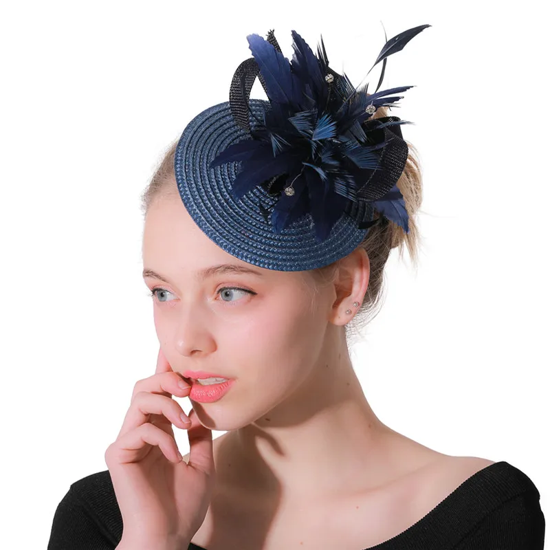 

Vintage Navy Feather Flowers Fascinator Party Hats Womens Hair Accessories Bridal Hair Ornaments Headwear Ladies Race Headpiece
