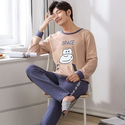 Cotton Pajama Men Пижамы для сна, мужские пижамы с длинными рукавами и круглым вырезом, одноцветная одежда для сна, пижамы для мужчин, зимняя Пижама для мужчин 4XL - Цвет: Cotton Pajama Men