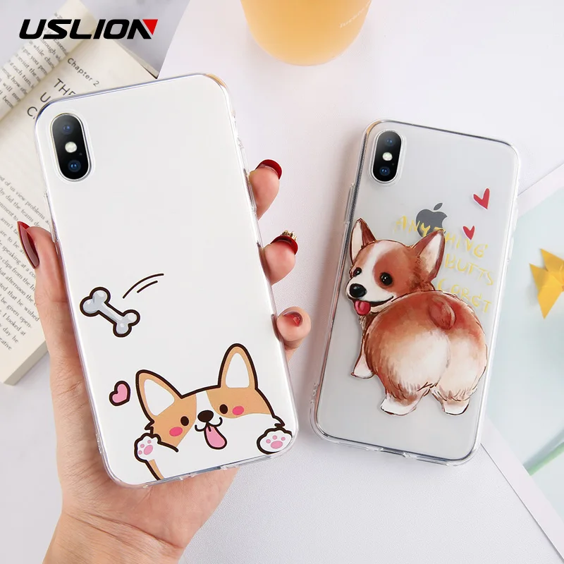 USLION Transparent Funny Dog Cases Cover For iPhone X XS XR Xs Max Love Heart Soft TPU Clear Phone Case 6 6s 7 8 Plus |
