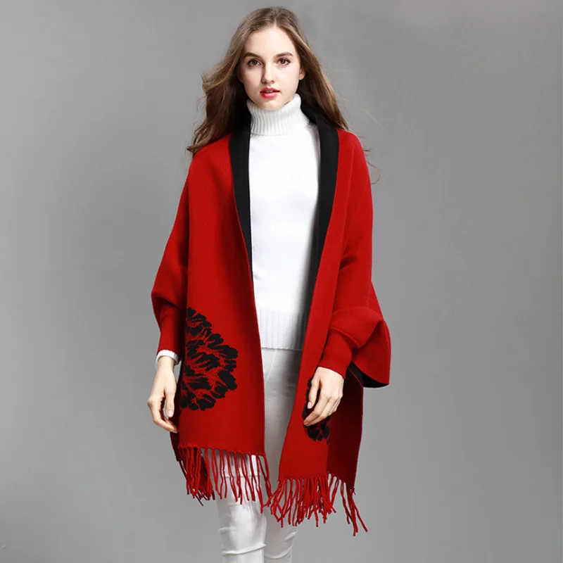 FXFURS модное женское осенне зимнее Вязаное пончо с кисточками кардиган рукавами