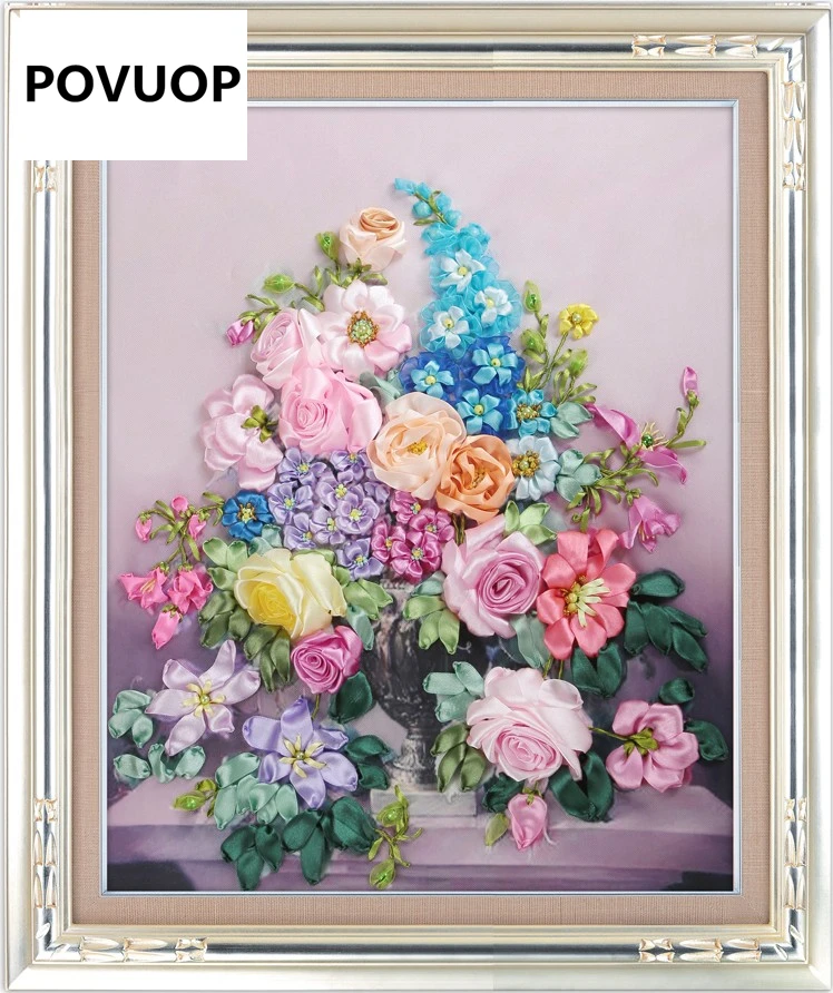POVUOP Новое поступление ленточная вышивка 60х50см модный цветок 3d принт крестом