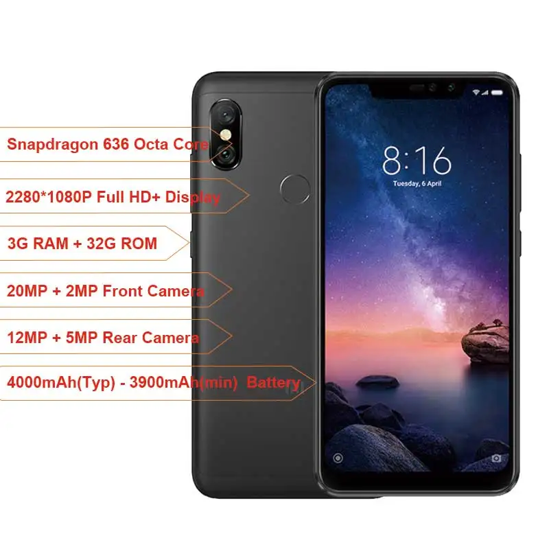 Глобальная версия Xiaomi Redmi Note 6 Pro Snapdragon 636 3GB 32GB 26 &quotполный экран Двойная камера 4000mAh