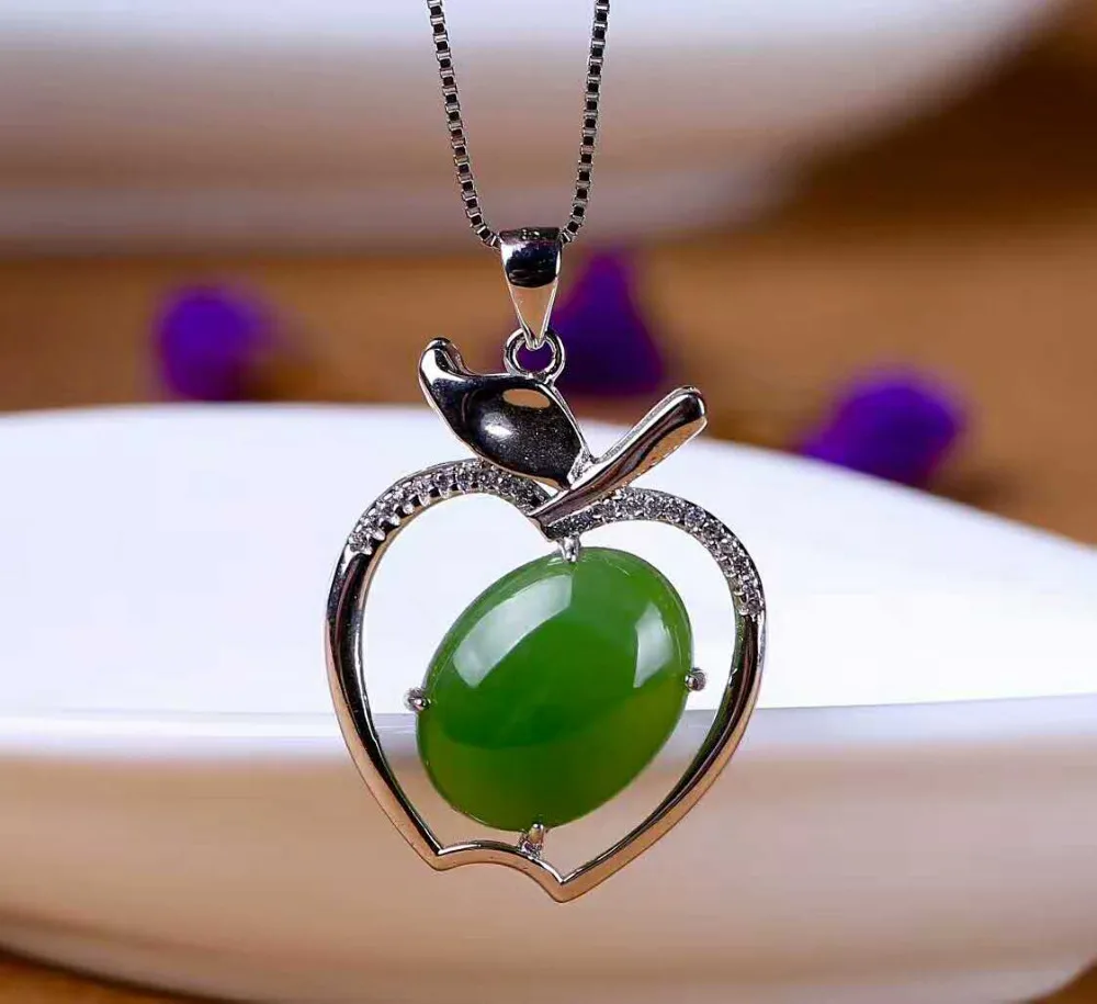 

925 silver inlaid small Apple Pendant natural and Tian Biyu birthday Necklace