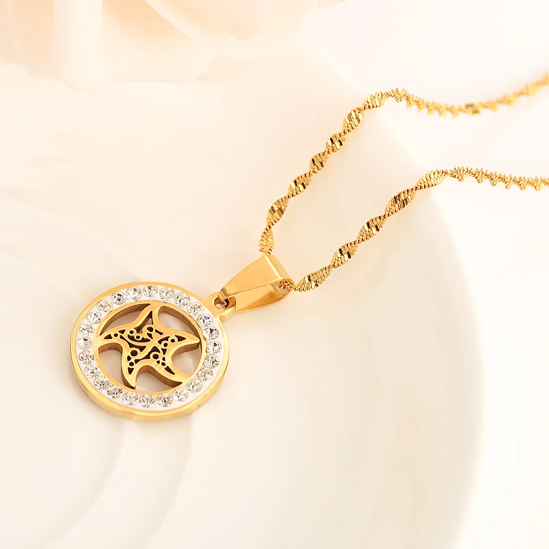 Bangrui New Cute flower dolphin starfish Shape CRYSTAL Pendant Fashion Trendy gold sweater chain Necklace For Women Gift PNG | Украшения и