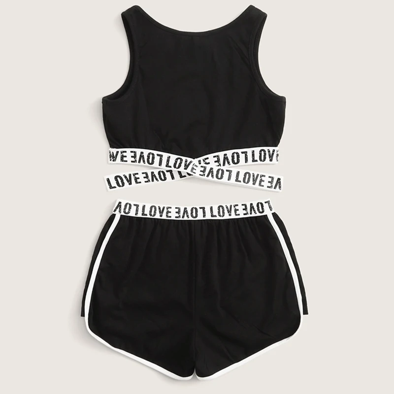 SHEIN/детский комплект одежды для девочек, топ с надписью и перекрещивающимися кромками и шорты с дельфинами, г. Летняя одежда без рукавов для активного отдыха комплект с вырезами
