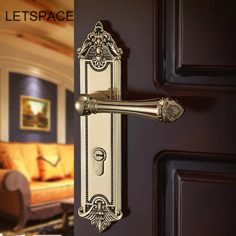 

Free shipping Hardware indoor wooden door lock Mechanical double tongue lock Split bedroom bronze handle lock Golden carved lock