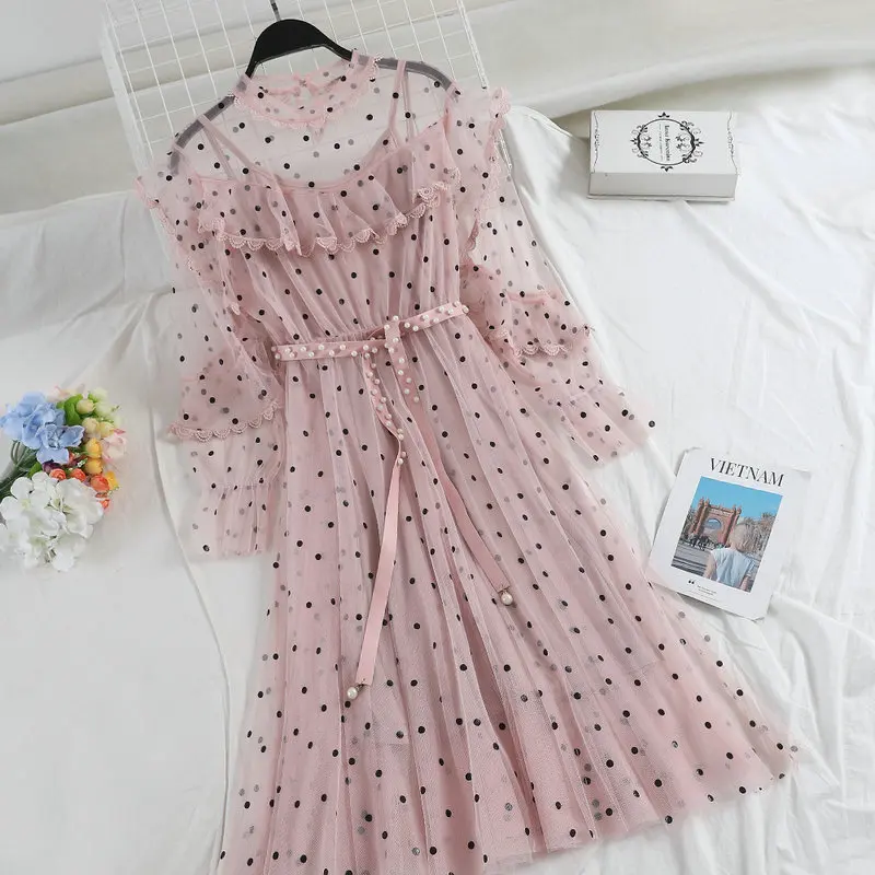 Women Dress Женское весеннее Плиссированное Тюлевое платье с расклешенными рукавами, повседневное приталенное платье с жемчужинами и бусинами, кружевное платье в горошек, Сетчатое платье с вуалью и оборками - Цвет: Women Dress