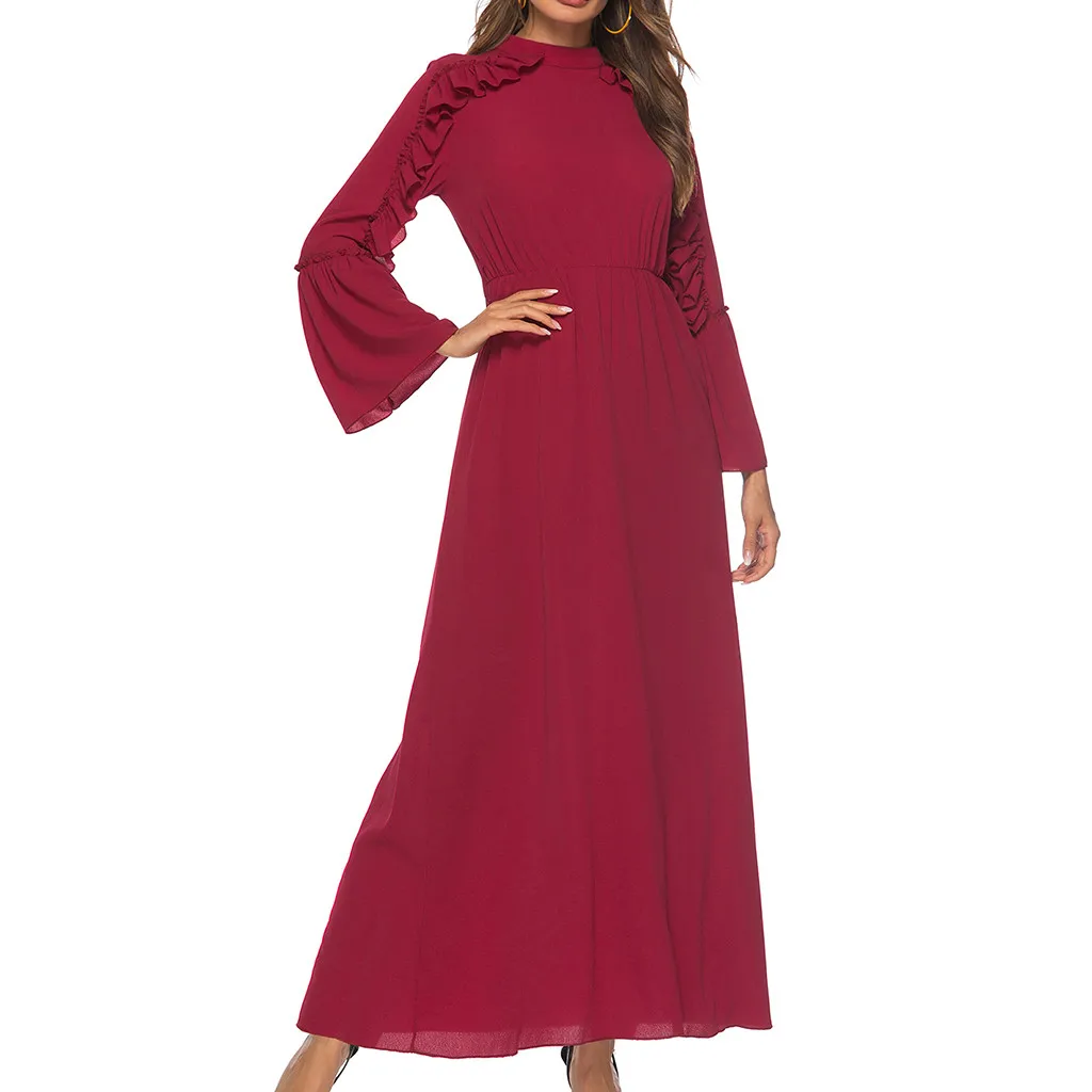 women spring 2019 solid red dress sash peplum ruffles long sleeve ankle length elegant dresses maxi vestidos 5.4 | Женская одежда