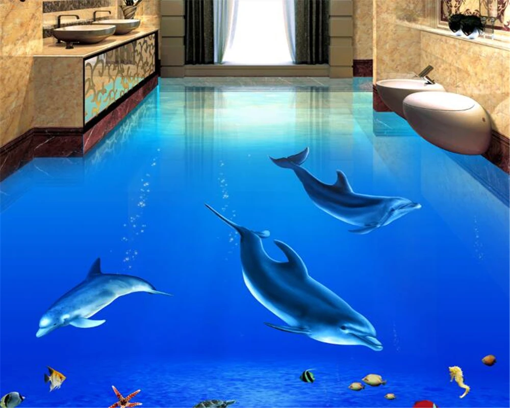 

beibehang Waterproof self-adhesive wallpaper 3D beautiful Dolphin underwater world 3DPVC bathroom floor tiles floor paintings