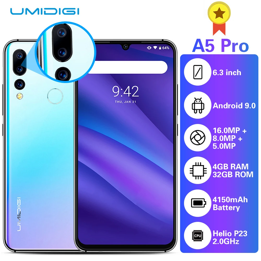 Камера заднего вида UMIDIGI A5 PRO 4G Phablet 6,3 дюймов Android 9,0 Helio P23 ARM Mali G71 MP2 700 МГц 4 Гб ram 32 ГБ rom 16,0 Мп+ 8,0 МП+ 5,0 МП