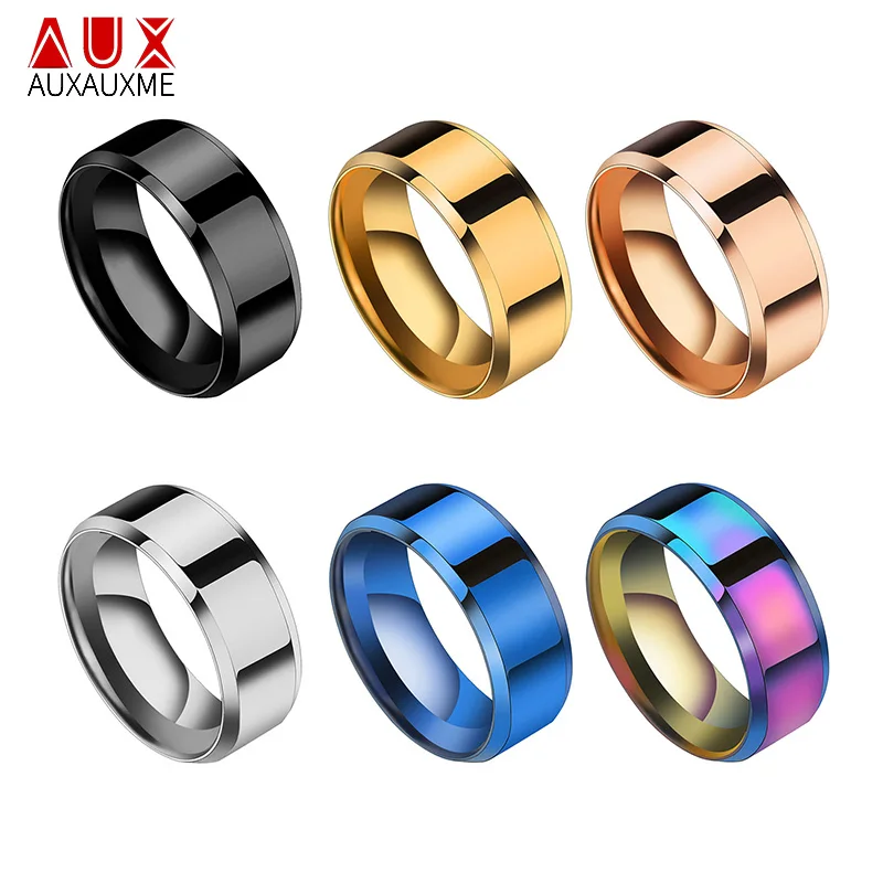 Auxauxme, простые обручальные кольца из титановой стали 8 мм, Rianbow/Blue/Rose Gold/Black, вечерние, подарок для мужчин, модные ювелирные изделия, размер 5-13