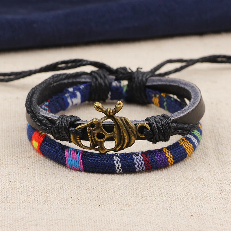 Мужской браслет CC160 кожаный тканевый в стиле панк с черепом|bracelets for|woven braceletleather