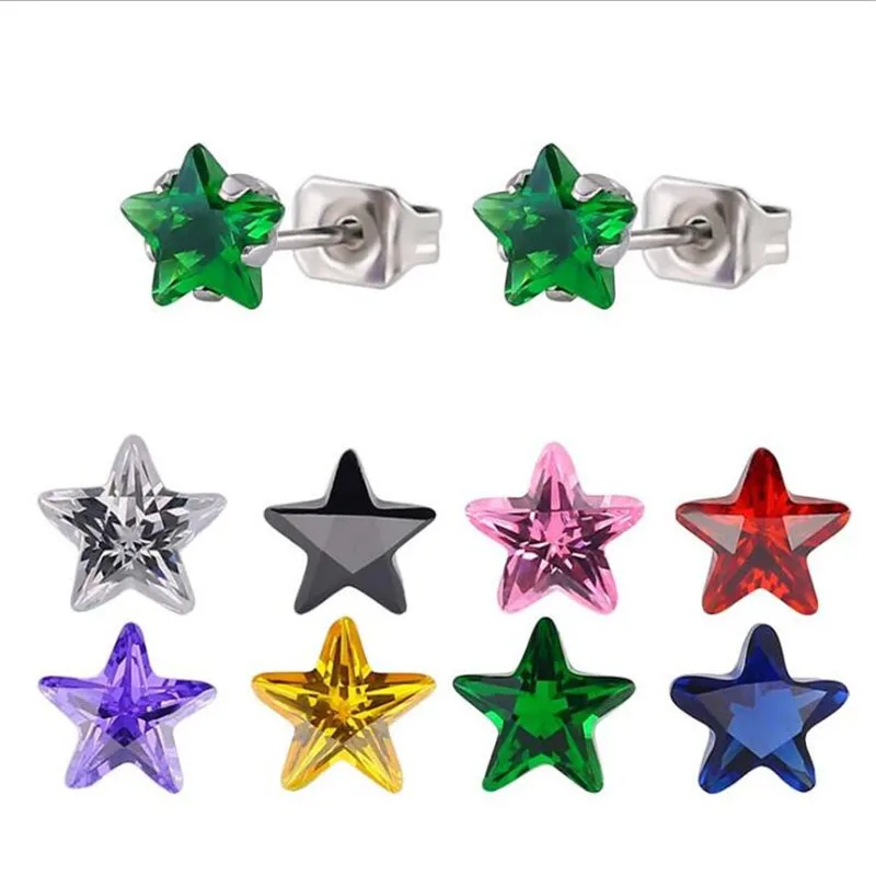 

pe103 316L Stainless Steel Stud Earrings Size 5mm Star Shape Colorful AAA Zircon Vacuum Plating No Fade Allergy Free