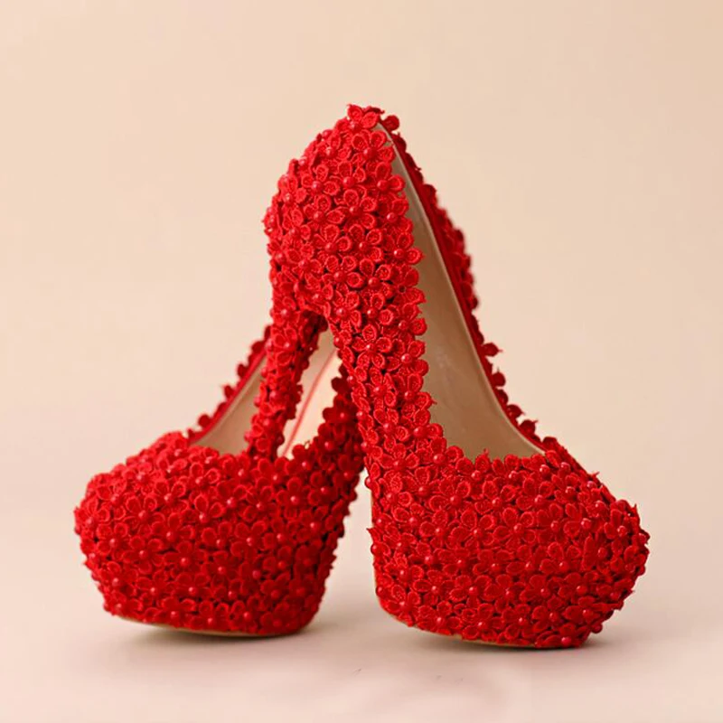 Новинка милые красные свадебные туфли с кружевными цветами праздничные ручной