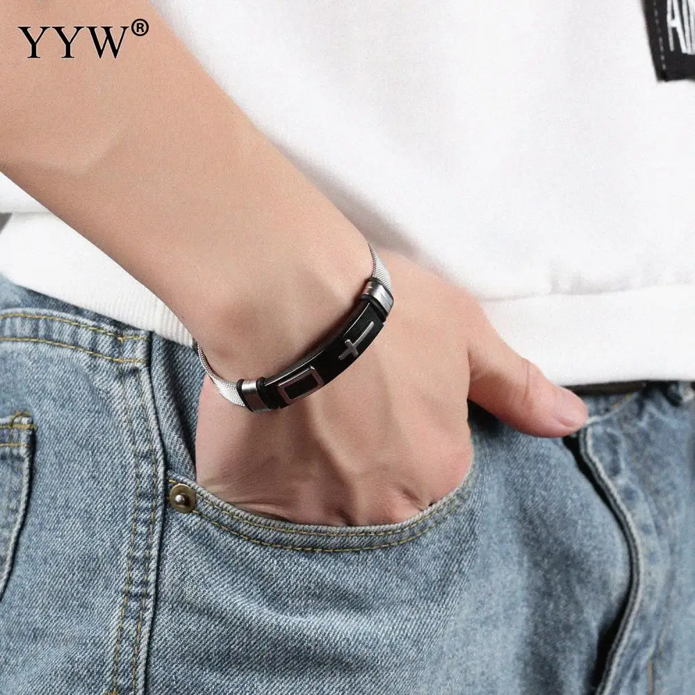 

YYW Stainless Steel Woven Mesh Watch Brands Men Bracelet Bangle Adjustable Boy Cross Jewelry Male Wristband Trendy Jewelry Men