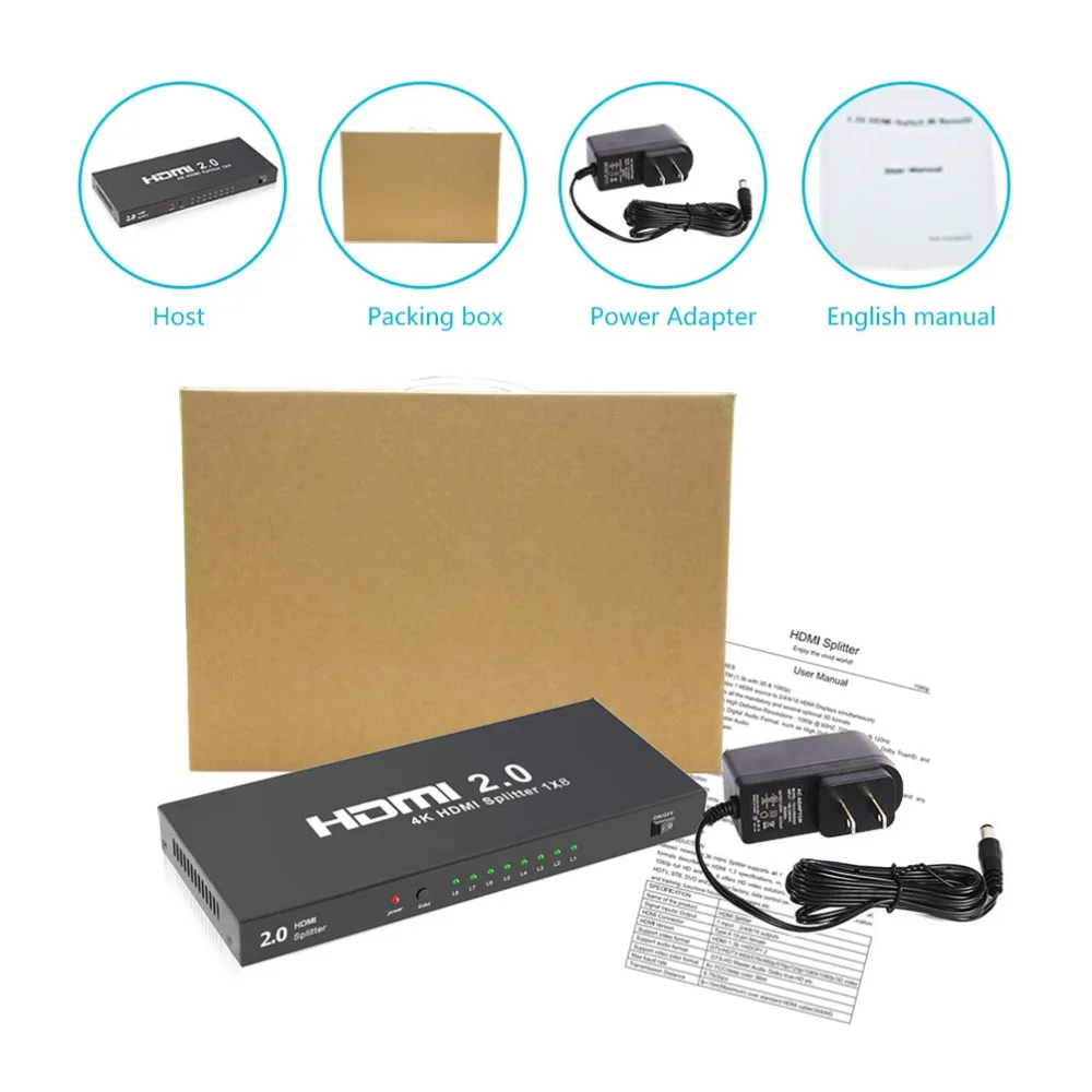 HDMI 2 0 сплиттер 1x8 1 вход 8 Выход усилитель переключатель коробка концентратор HDMI2.0