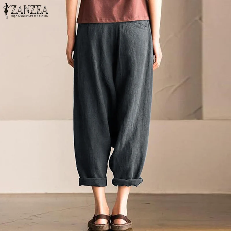 Casual Drop-Crotch Trousers Womens Pants Autumn ZANZEA Vintage Elastic Waist Harem Pant Female Long Pantalon Palazzo 5XL