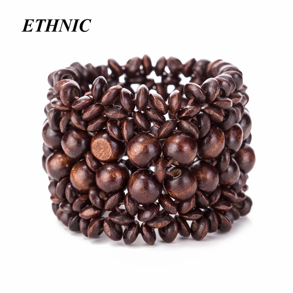 Винтажный широкий плетеный браслет с деревянными бусинами для женщин и мужчин