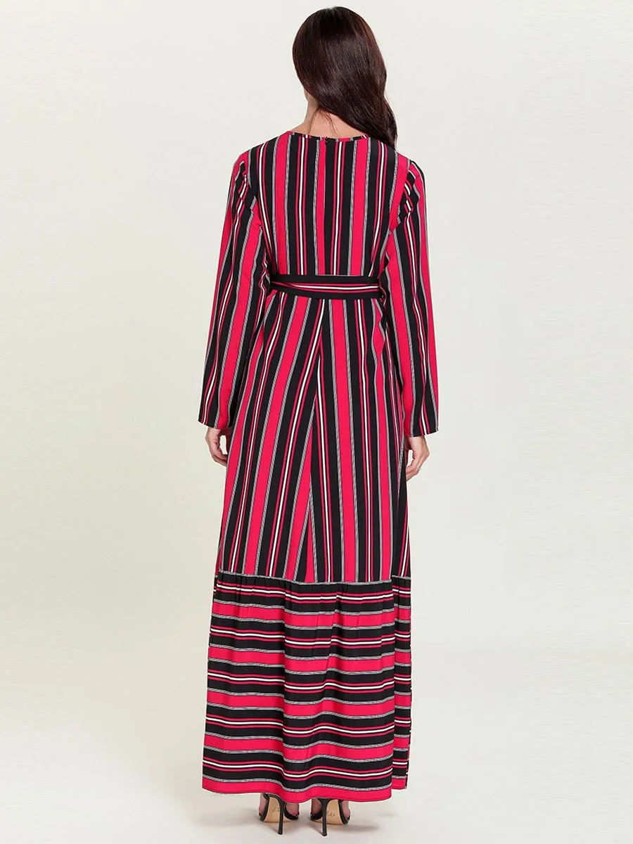 Бандажные женские мусульманские платья abaya Femme Дубай Турецкая индейка Бангладеш нарядное платье в арабском стиле Красный Полосатый Восточный халат из марокена Исламская одежда