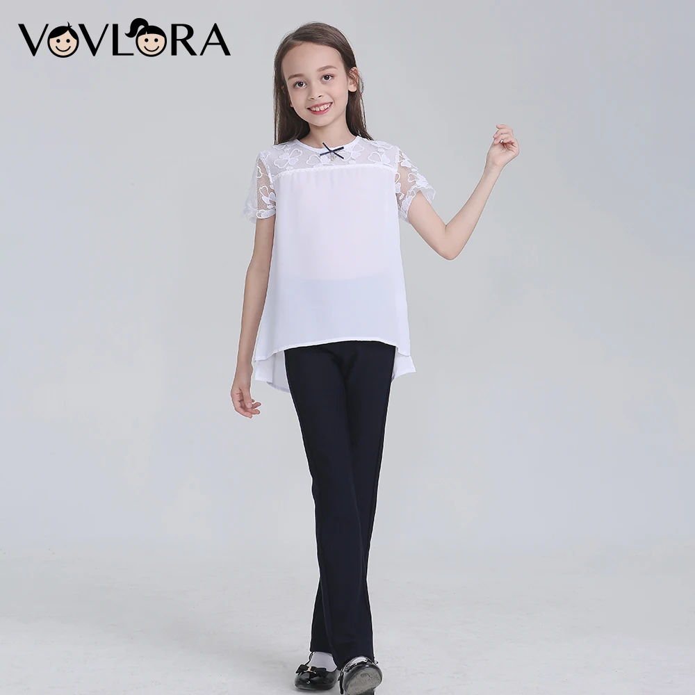 Vovlora Школьная блузка для девочек белый цвет короткие рукава шифон круглый вырез
