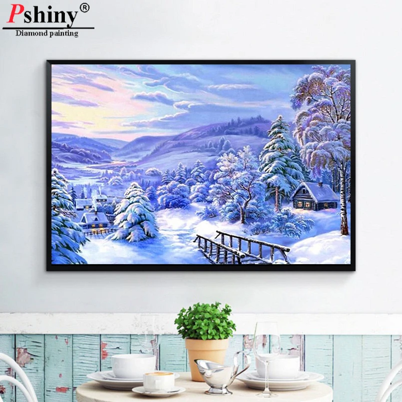 

Pshiny 3D diamond embroidery landscape Snow house cross stitch Full Square Rhinestone diamond painting 5d diamond Mosaic F084