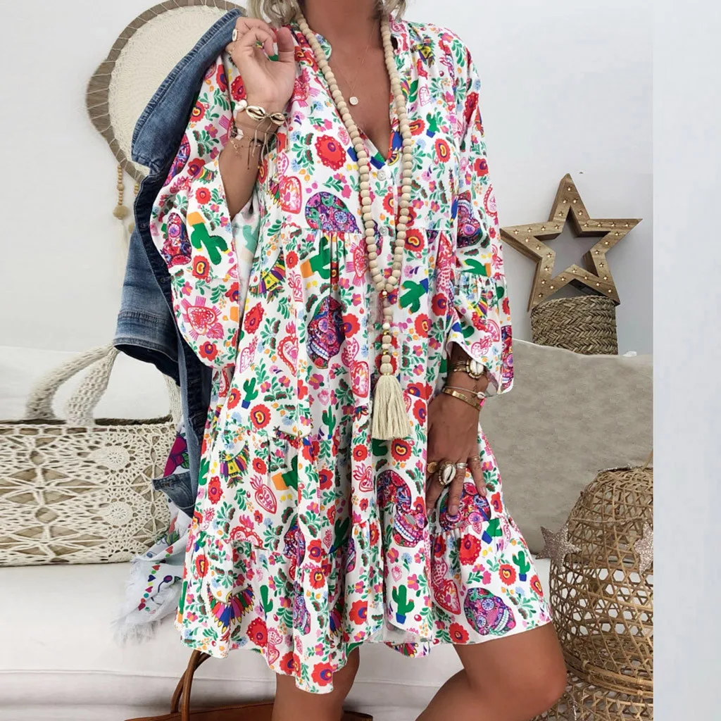 Женское платье с рукавом три четверти SAGACE свободное мини-платье принтом летнее