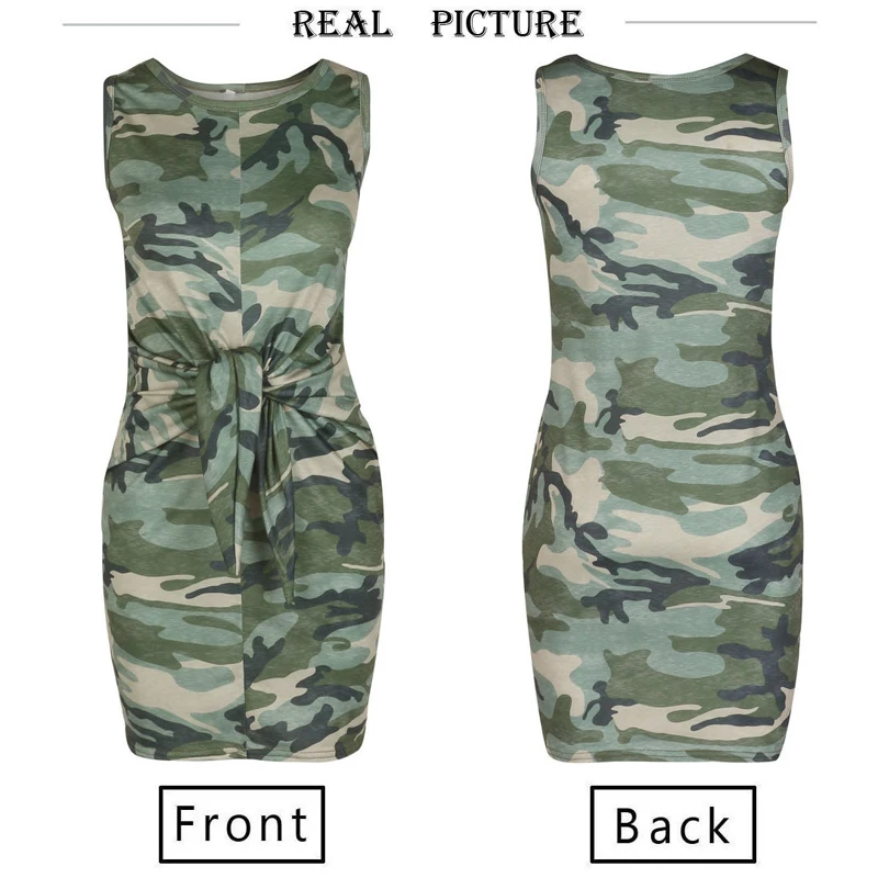

Sexy Round Neck Fashion Waist Camouflage Dress Fashion Casual Sleeveless Lace Up Dress Straight Women Summer Dress