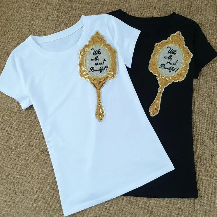 Женская хлопковая футболка с коротким рукавом блестками|camisetas mujer|top t-shirtcotton top |