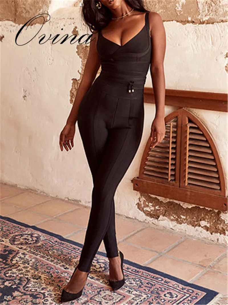 New Arrival Black Celebrity Strap Sleeveless Slip Bodycon Bandage Jumpsuit Homecoming Party Rompers