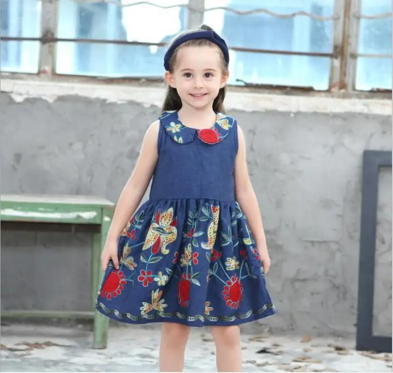 Новинка 2017 деним для девочек платье с вышивкой волна кружева без рукавов Детское