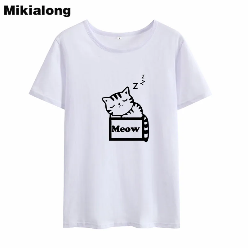 

Mikialong Meow Cat Printed Tshirt Women 2018 Summer Korean Kawaii Tee Shirt Femme Black Cotton T-shirt Women Top Dropshipping