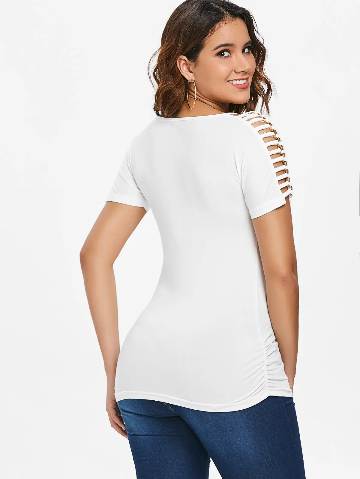 Женская футболка с круглым вырезом VESTLINDA белая и цепочками летние топы коротким