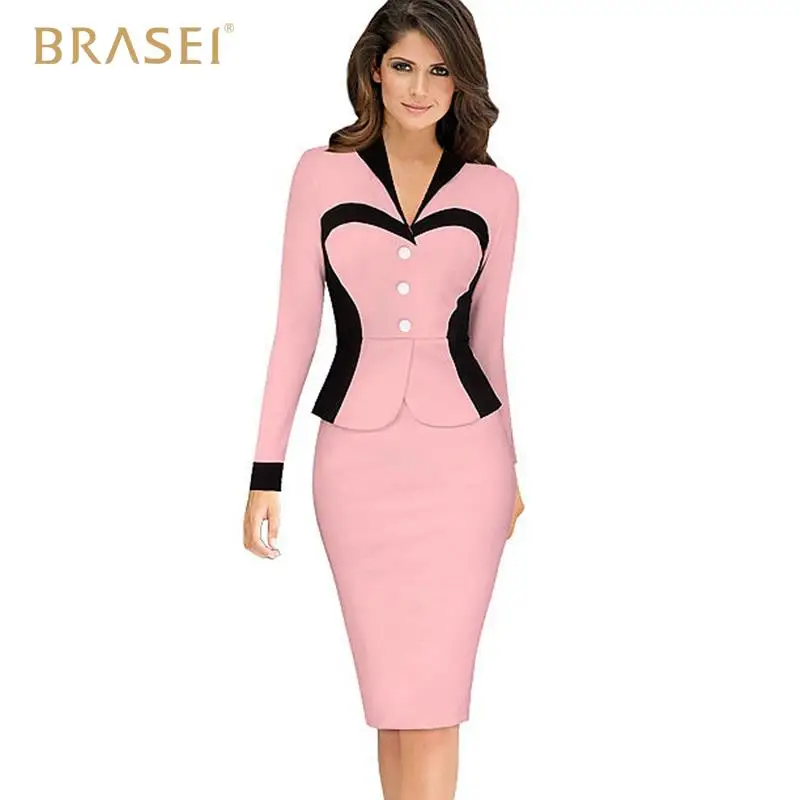 BRASEI 2016 Женщин Поддельные 2 Picecs Офисная Одежда Vestidos Де Фиеста Дамы Розовый Bodycon