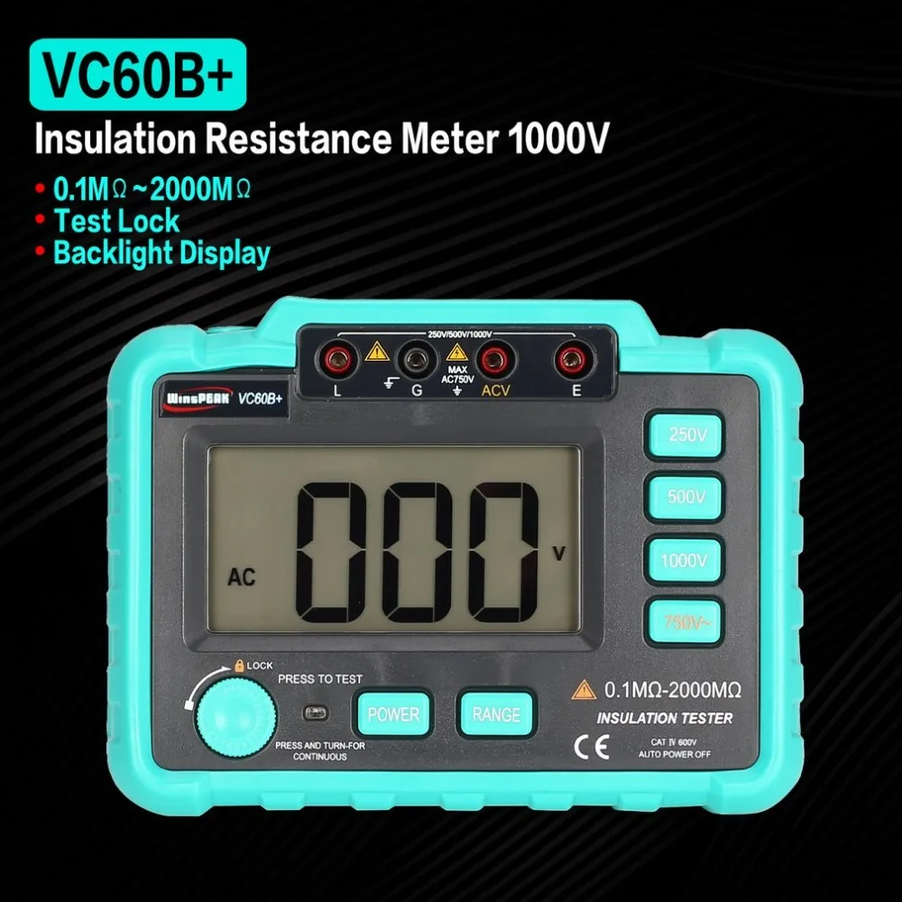 VC60B+ 1000V Digital Auto Range Insulation Resistance Meter Tester Megohmmeter Megger High Voltage LED Indication 1999 Counts |