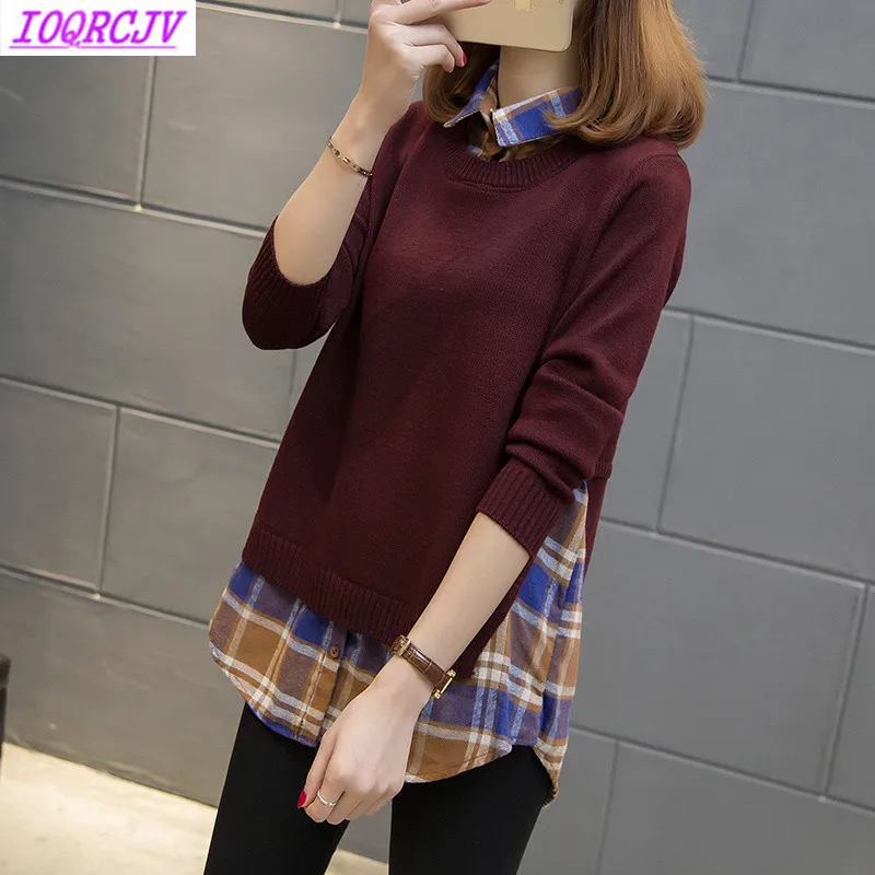 

2018 Spring Autumn Women Sweaters Long Sleeve Pullover Knit Sweater Female Lattice Shirt Collar Fake Two Casual Ladies Tops AA53
