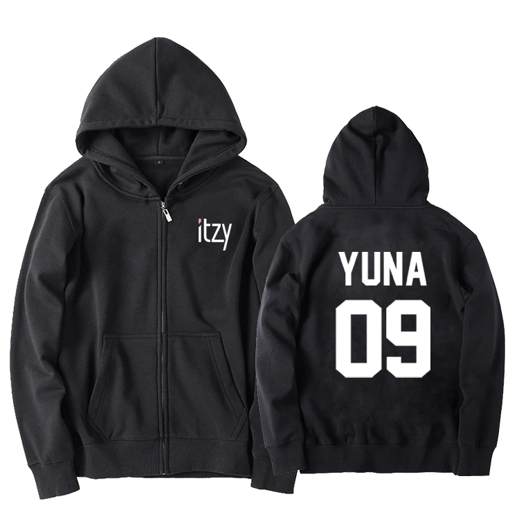 New arrival itzy member name and birthday number printing zipper hoodie jacket for fans unisex kpop fleece/thin sweatshirt | Женская
