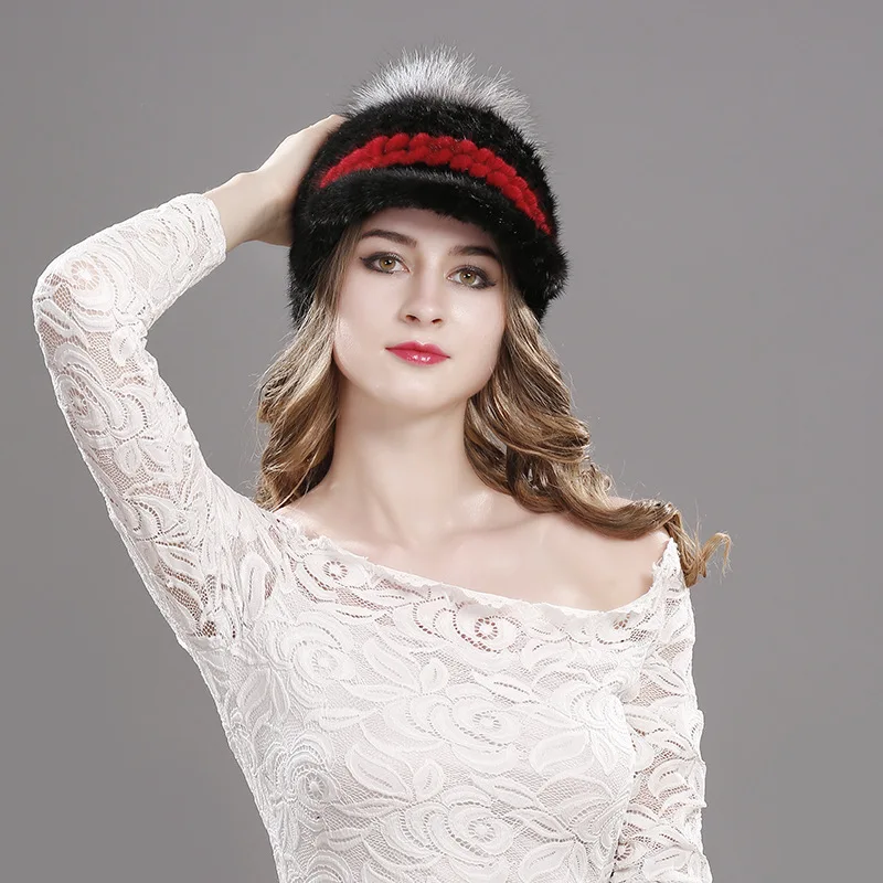 StyleL Новинка зимы, натуральный мех норки, вязанный козырек шапка Для женщин Мода помпоном из лисиного меха шапка с помпоном женская утепленная зимняя куртка теплая верхняя одежда Повседневное женские шапки H7058 - Цвет: StyleL