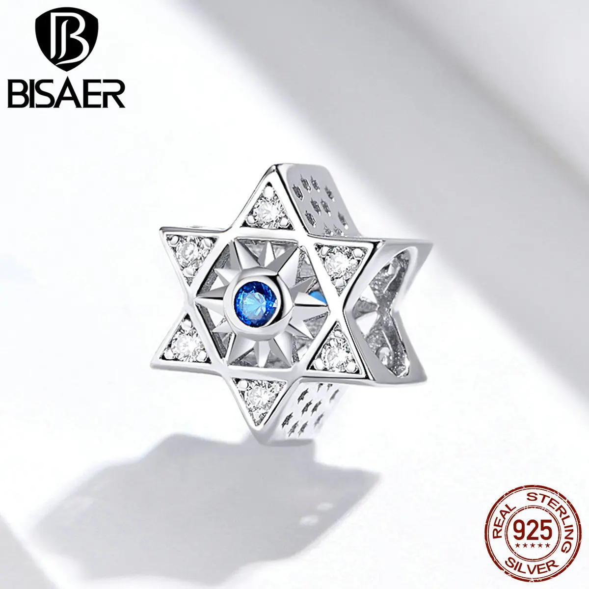 BISAER блестящие 925 пробы серебряные бусины в форме звезды синие циркониевые подвески в форме звезды подходят для женских Браслетов Серебряные 925 ювелирные изделия ECC1222