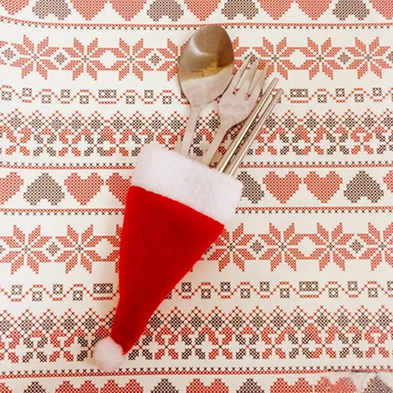 Hot Christmas Caps Cutlery Holder Fork Spoon Pocket Decor Bag Knife Set Cover Supplies Mini Santa Hat | Дом и сад