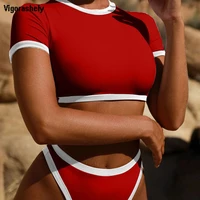 vigorashely 2018 sexy red sport bikini thong swimsuit short sleeve swimwear women high waist bikini bathing suit swim wear