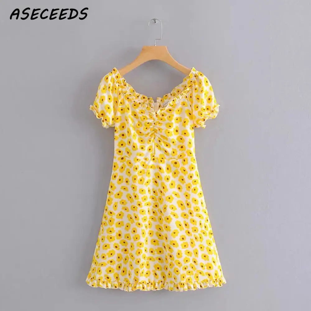 2019 летние Винтаж цветочный элегантное гофрированное Платье желтого цвета